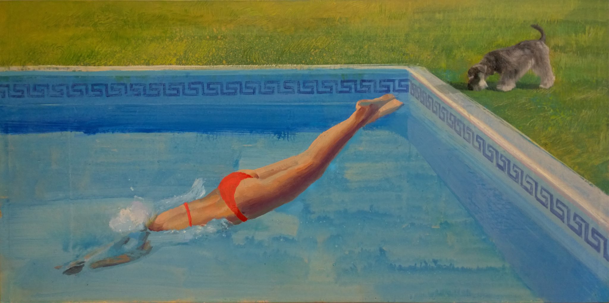 splash-alejandra-caballero-oleo-piscina-de-cabeza-hockney-mujer-bikini-perro